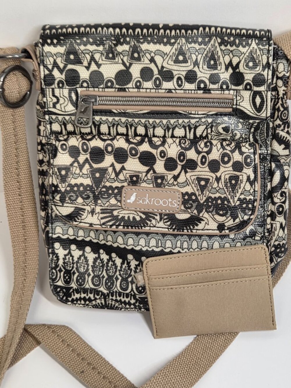 Sakroots Artist Circle Small Flap Messenger Crossbody Bag Boho Black Cream purs